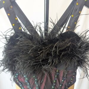 Dance Costume-Feather-Trim Bustier with Iridescent Accented Jumpsuit